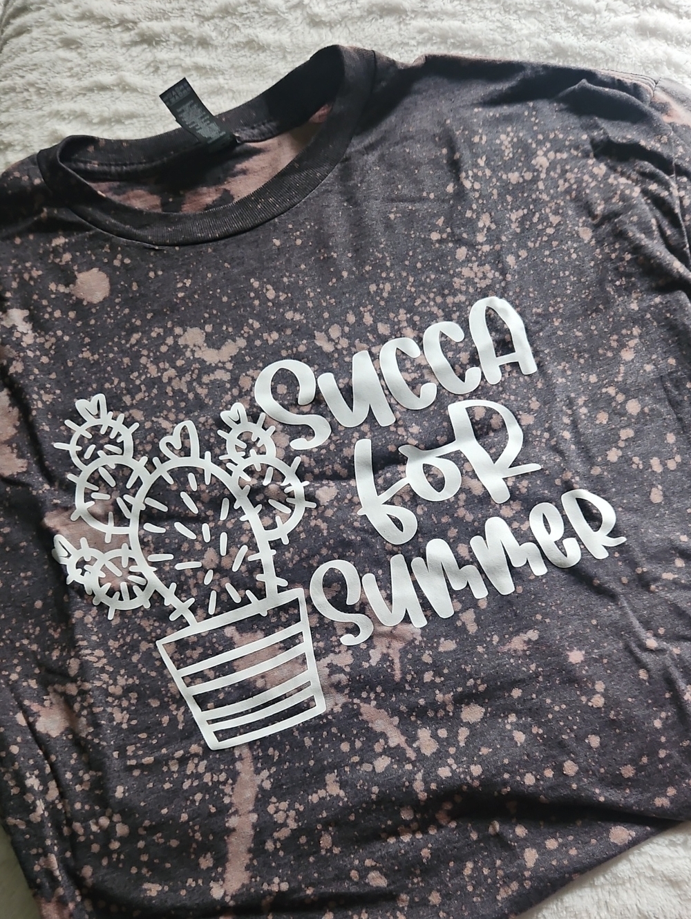 Acid Wash Bleach-Splatter Tee with 'Succa for Summer' Graphic